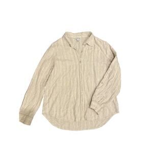 Orvis Top Womens Medium Button-Up Shirt Beige Long Sleeve Striped Linen Viscose